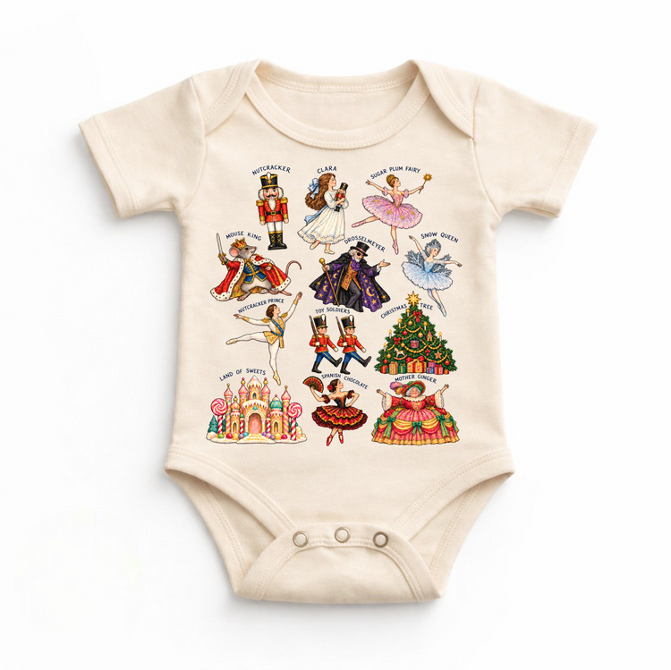 natural baby bodysuit with vintage Nutcracker ballet character illustrations