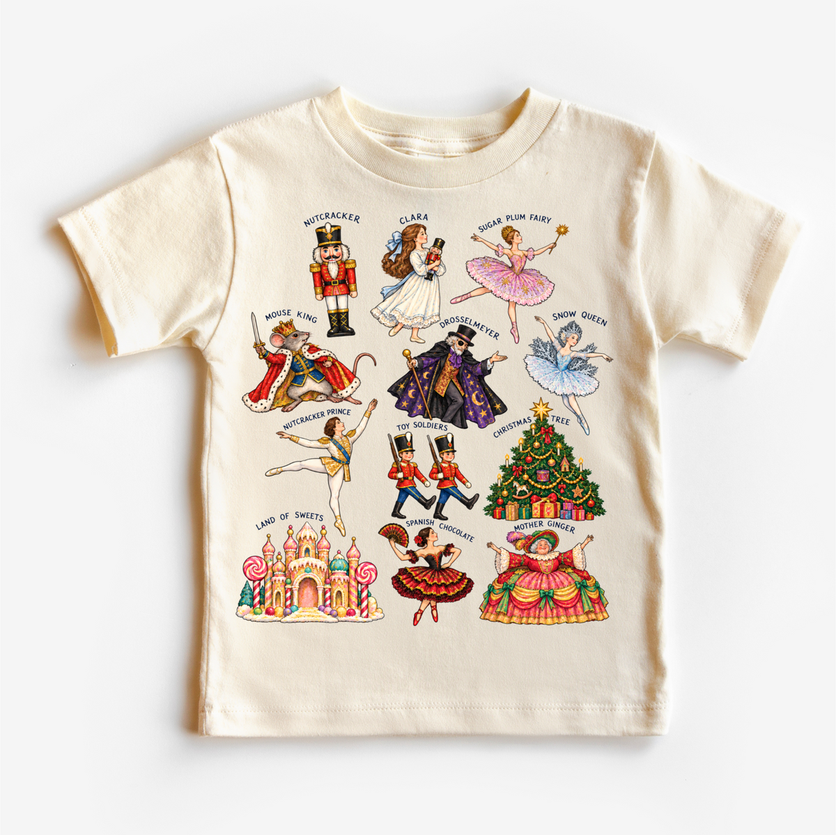 Natural kids T-shirt with vintage Nutcracker ballet character illustrations