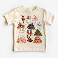 Natural kids T-shirt with vintage Nutcracker ballet character illustrations