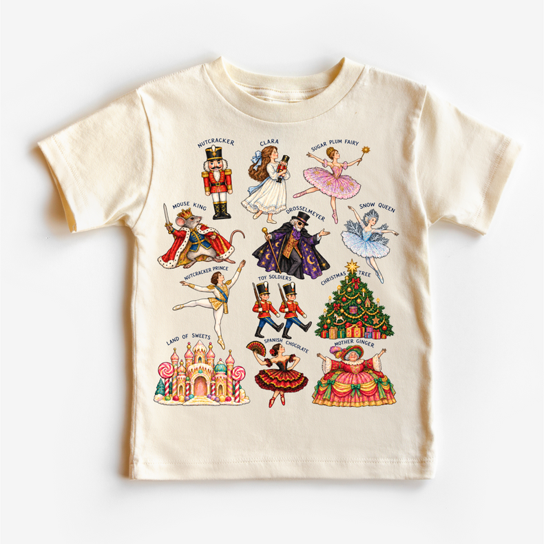 Natural kids T-shirt with vintage Nutcracker ballet character illustrations