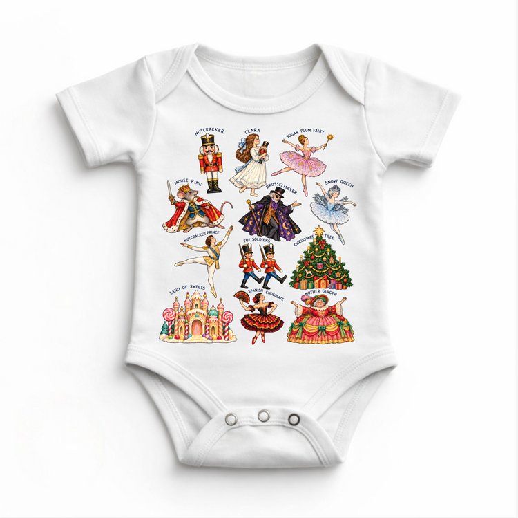 white baby bodysuit with vintage Nutcracker ballet character illustrations