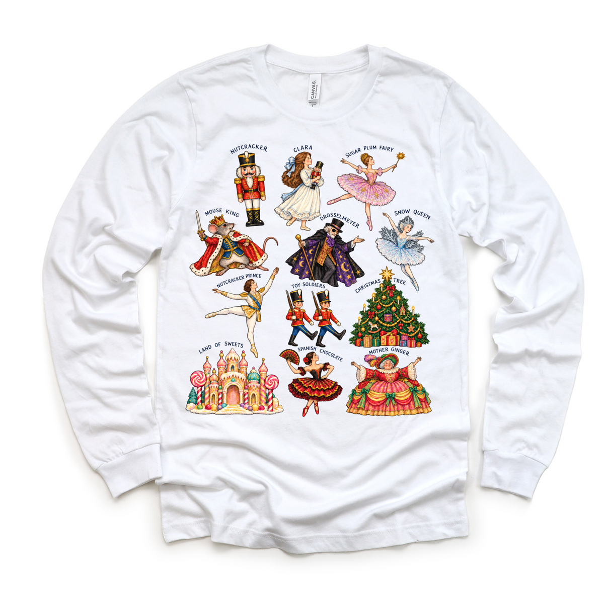 white long sleeve tee with vintage Nutcracker ballet character illustrations