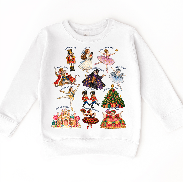 white sweatshirt with vintage Nutcracker ballet character illustrations