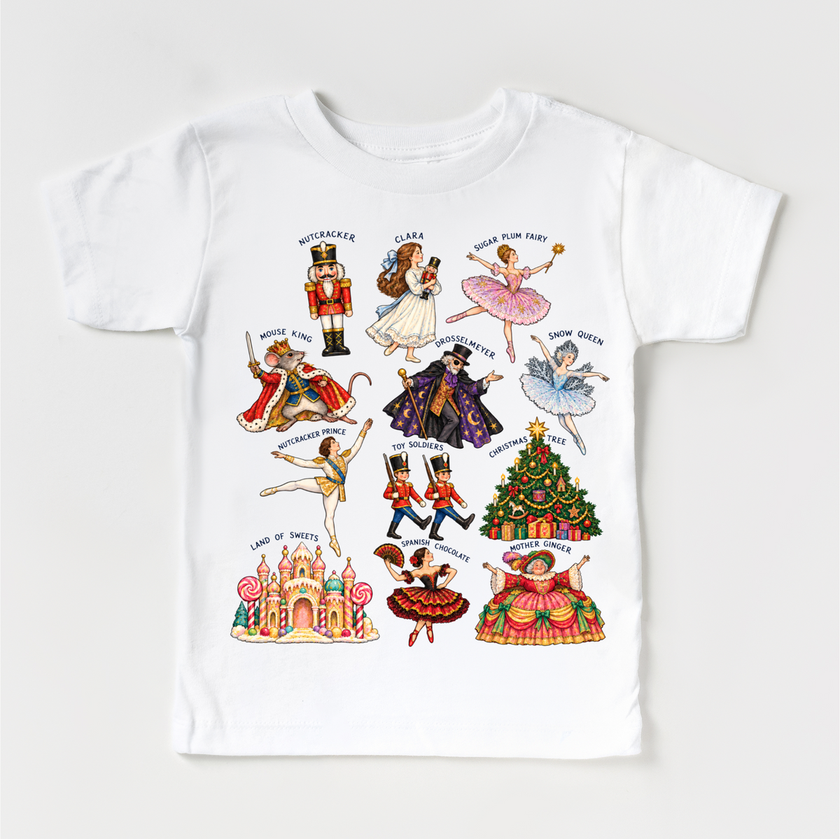 white tee with vintage Nutcracker ballet character illustrations