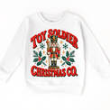 white sweatshirt with vintage nutcracker, holly and Toy Soldier Christmas Co. lettering