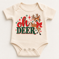 Vintage Oh Deer Christmas reindeer design on natural baby bodysuit