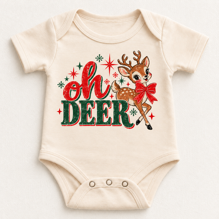 Vintage Oh Deer Christmas reindeer design on natural baby bodysuit