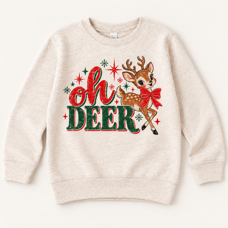 Vintage Oh Deer Christmas reindeer design on natural sweatshirt