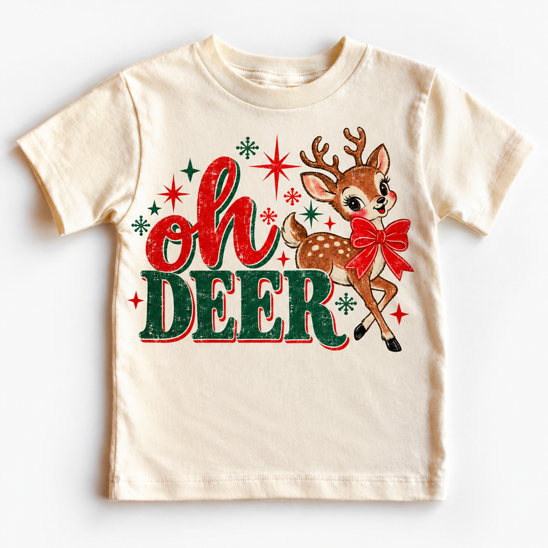 Vintage Oh Deer Christmas reindeer design on natural tee