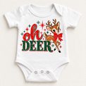 Vintage Oh Deer Christmas reindeer design on white baby bodysuit