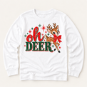 Vintage Oh Deer Christmas reindeer design on white long sleeve tee