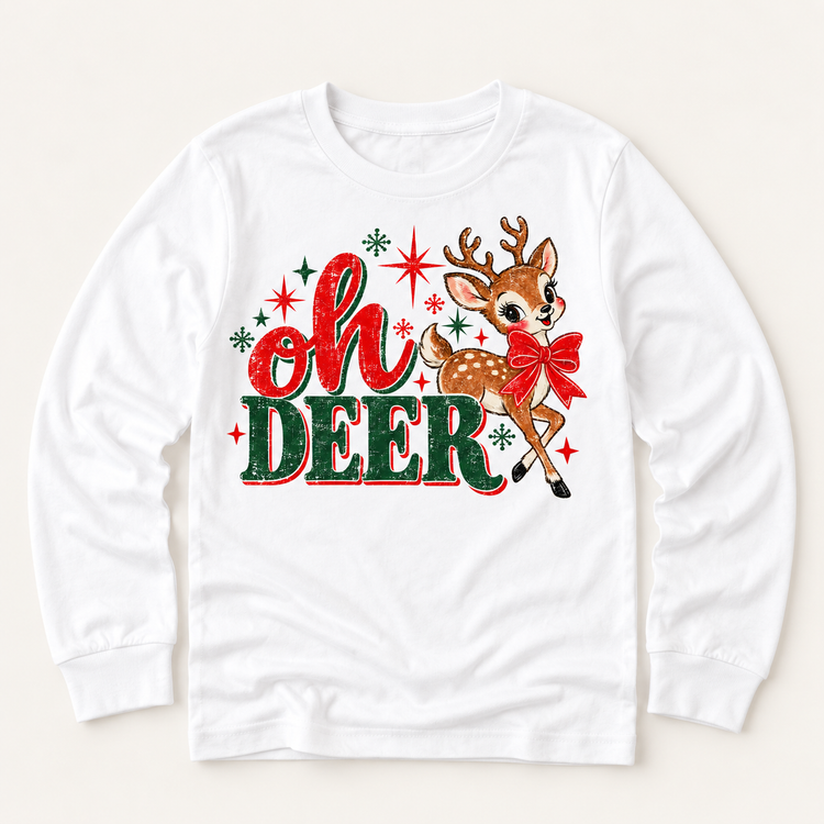 Vintage Oh Deer Christmas reindeer design on white long sleeve tee