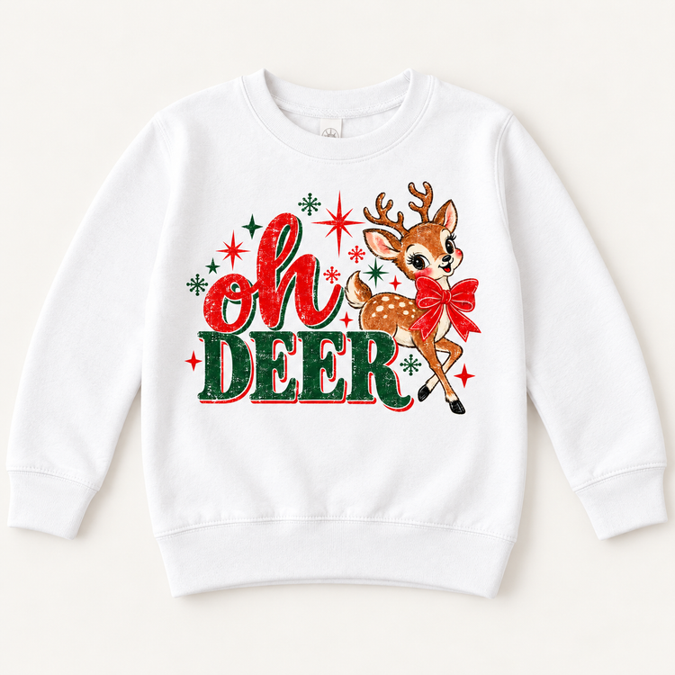 Vintage Oh Deer Christmas reindeer design on white sweatshirt
