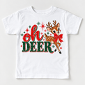 Vintage Oh Deer Christmas reindeer design on white tee