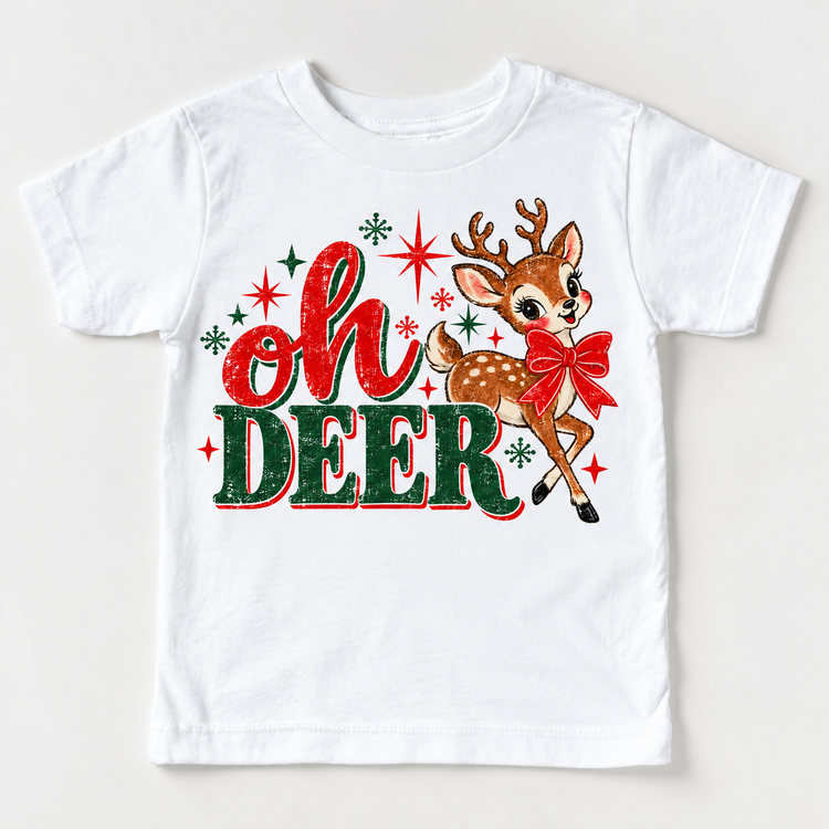 Vintage Oh Deer Christmas reindeer design on white tee