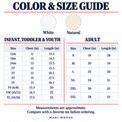 White and Natural color options with infant, toddler, youth and adult tee size measurements in inches.