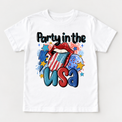 White Party In The USA short-sleeve tee laid flat with patriotic lips, disco ball, stars and fireworks.