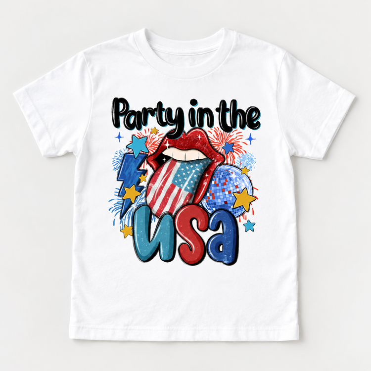 White Party In The USA short-sleeve tee laid flat with patriotic lips, disco ball, stars and fireworks.