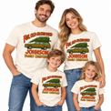 Family wearing matching natural Christmas tees with Fun Old-Fashioned Family Christmas station wagon artwork and JOHNSON sample family name.
