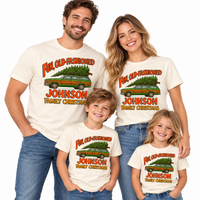 Family wearing matching natural Christmas tees with Fun Old-Fashioned Family Christmas station wagon artwork and JOHNSON sample family name.