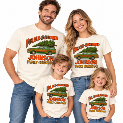 Family wearing matching natural Christmas tees with Fun Old-Fashioned Family Christmas station wagon artwork and JOHNSON sample family name.