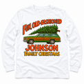 White long sleeve tee with Fun Old-Fashioned Family Christmas station wagon artwork and JOHNSON sample family name.