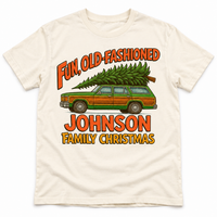 Natural short sleeve tee with Fun Old-Fashioned Family Christmas station wagon artwork and JOHNSON sample family name.