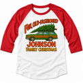 Red and white three-quarter sleeve raglan with Fun Old-Fashioned Family Christmas station wagon artwork and JOHNSON sample family name.