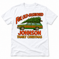White short sleeve tee with Fun Old-Fashioned Family Christmas station wagon artwork and JOHNSON sample family name.