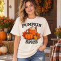 Model wearing natural Comfort Colors Pumpkin Spice tee