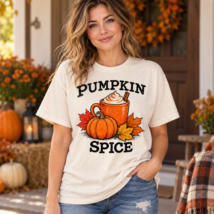 Model wearing natural Comfort Colors Pumpkin Spice tee