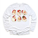 Six vintage Santa faces with red hats and holly on a white long sleeve tee