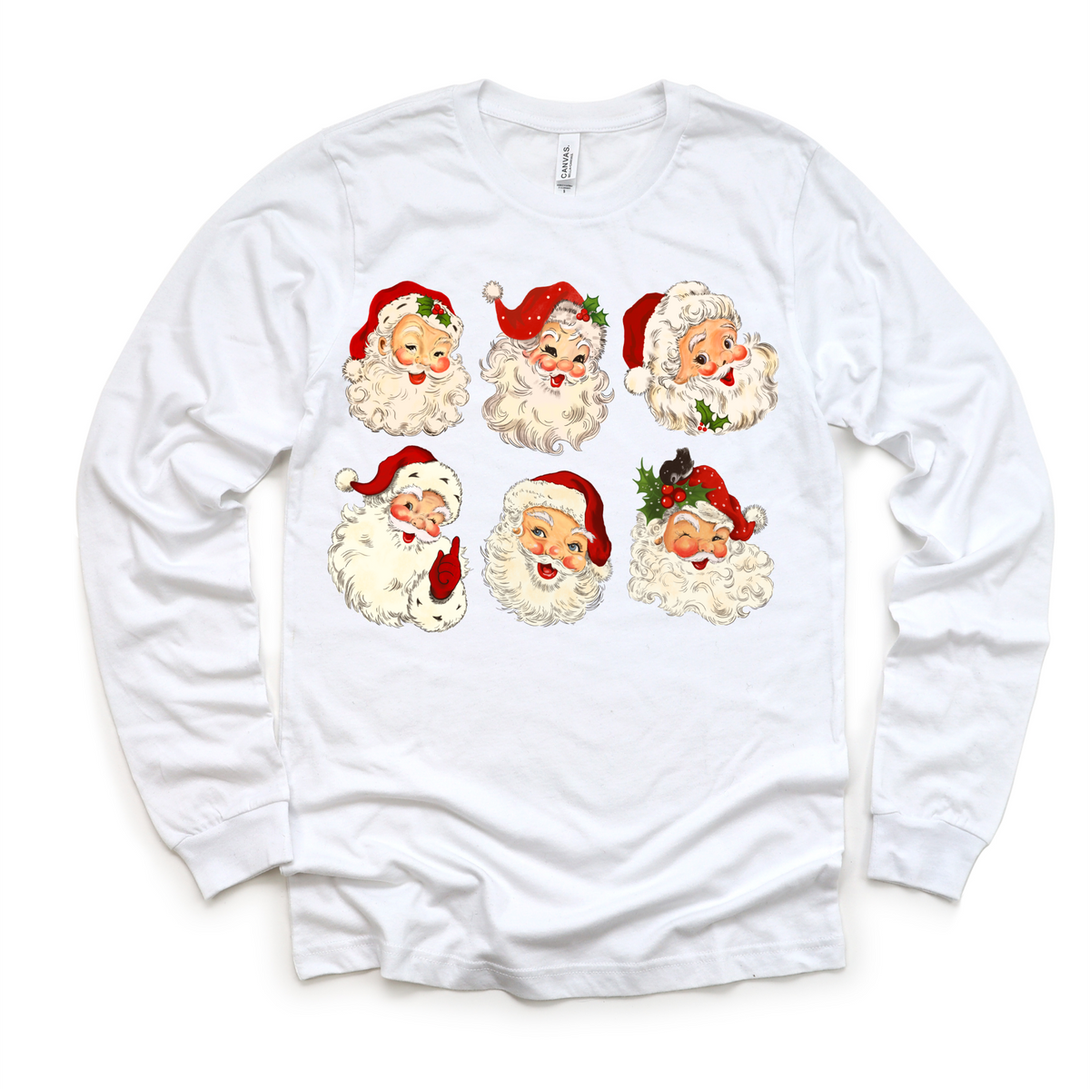 Six vintage Santa faces with red hats and holly on a white long sleeve tee