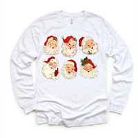 Six vintage Santa faces with red hats and holly on a white long sleeve tee