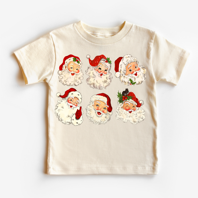 Natural Christmas T-shirt with six vintage Santa faces
