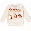 Six vintage Santa faces with red hats and holly on a natural heather sweatshirt