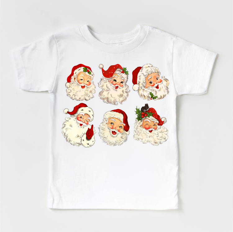 Six vintage Santa faces with red hats and holly on a white short sleeve tee