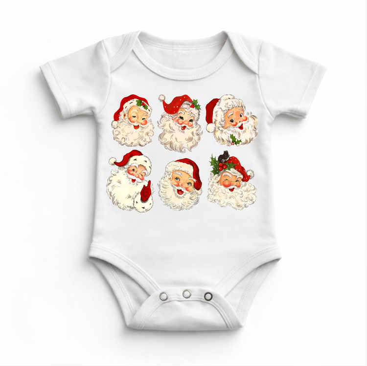 Six vintage Santa faces with red hats and holly on a white baby bodysuit