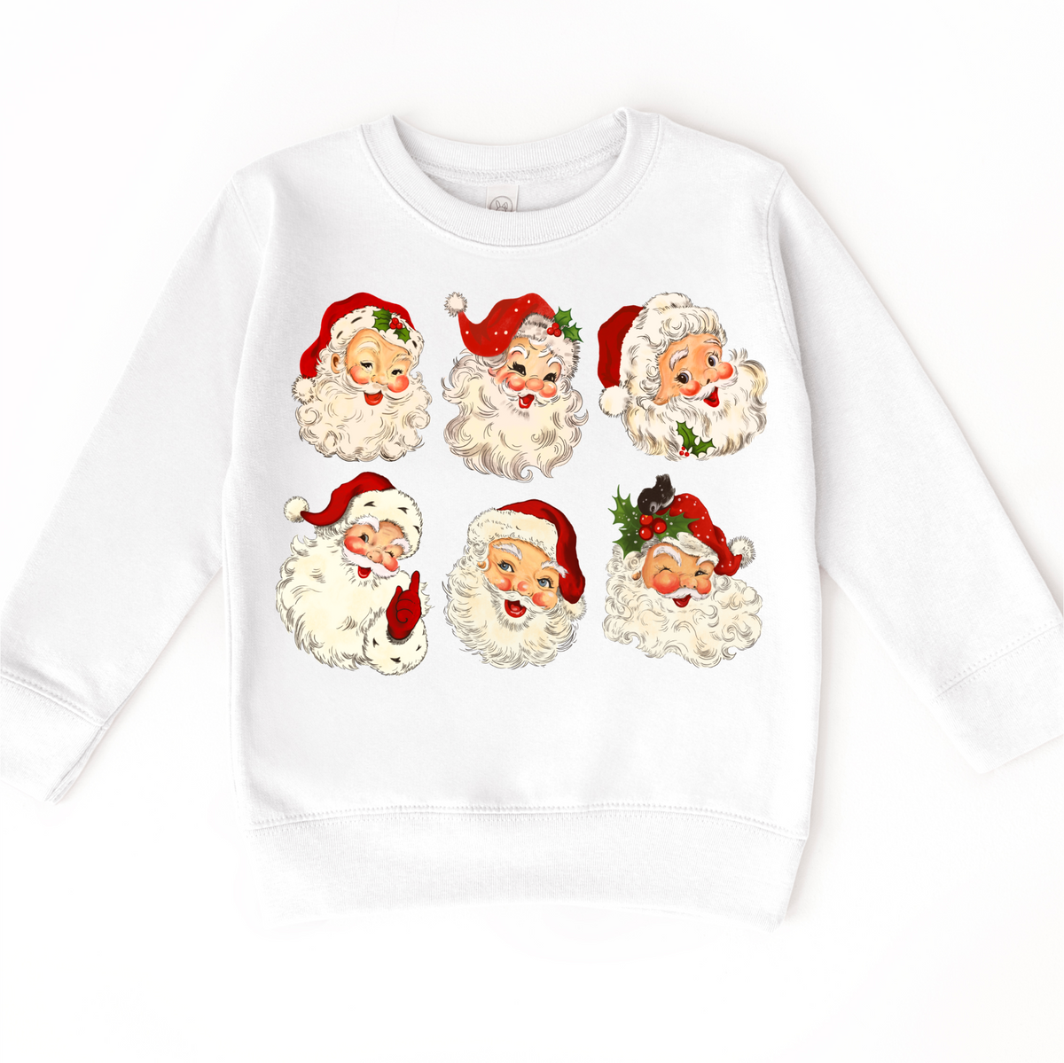 Six vintage Santa faces with red hats and holly on a white sweatshirt
