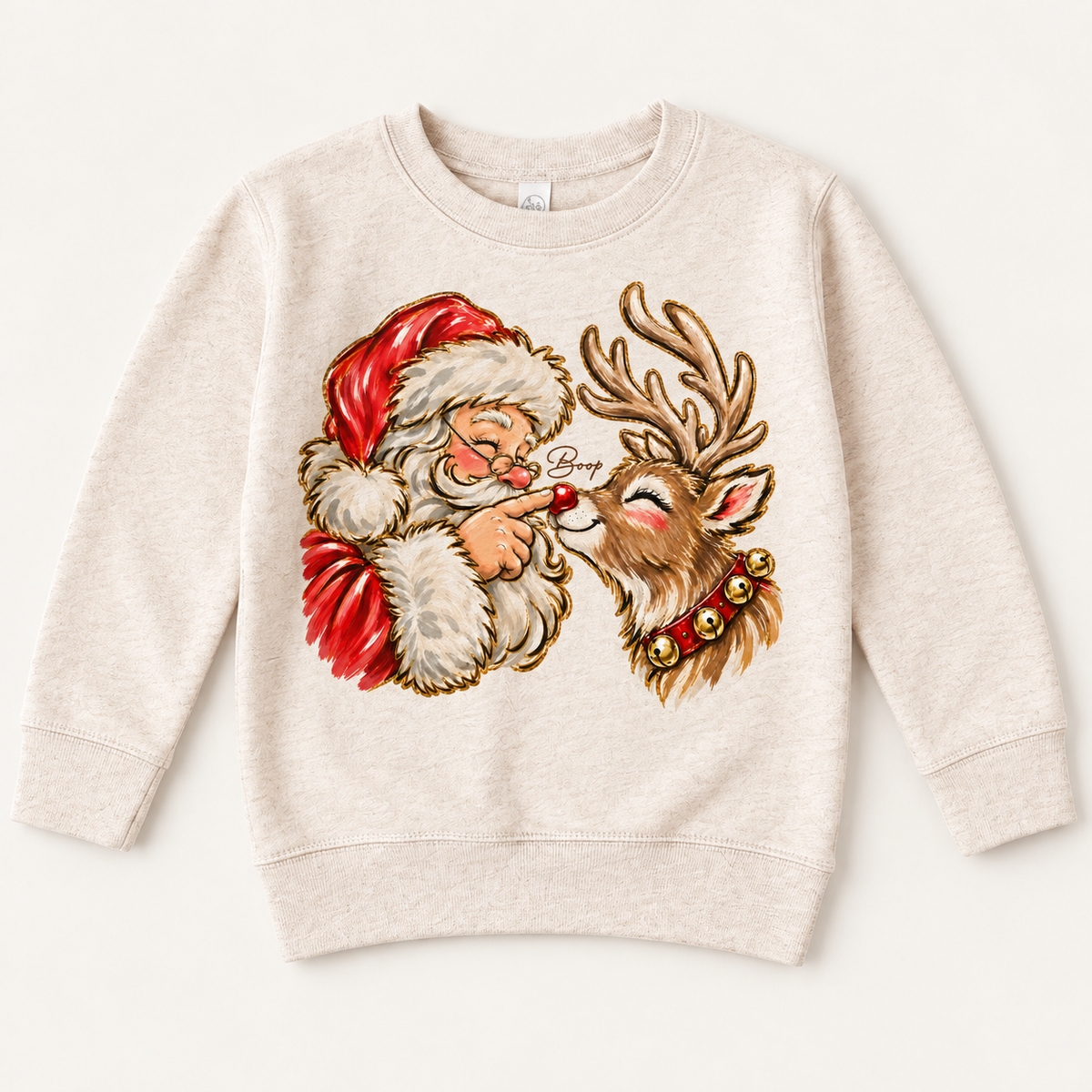 Santa and reindeer Boop Christmas design on natural sweatshirt