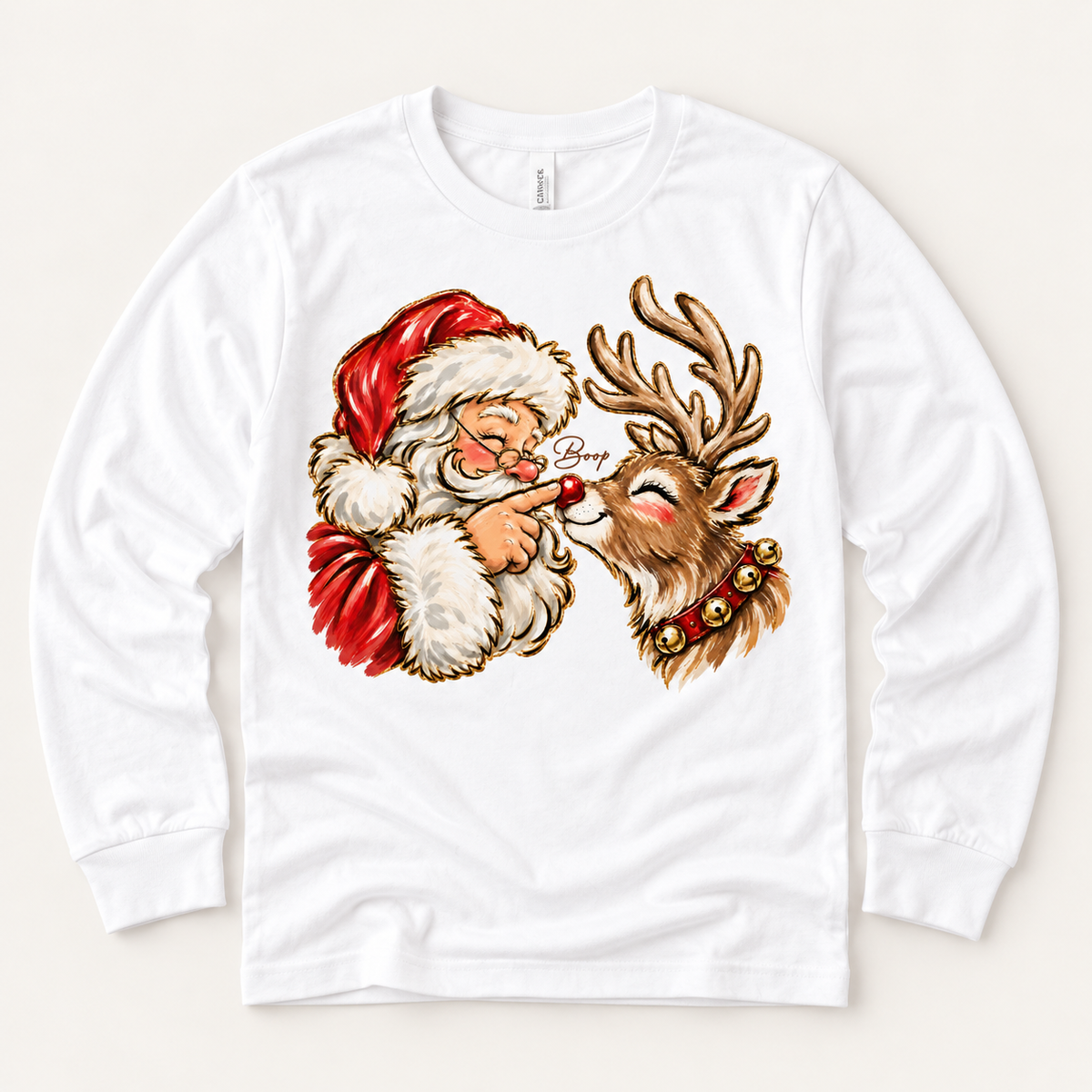 Santa and reindeer Boop Christmas design on white long sleeve