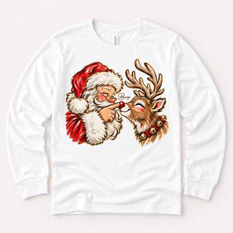 Santa and reindeer Boop Christmas design on white long sleeve