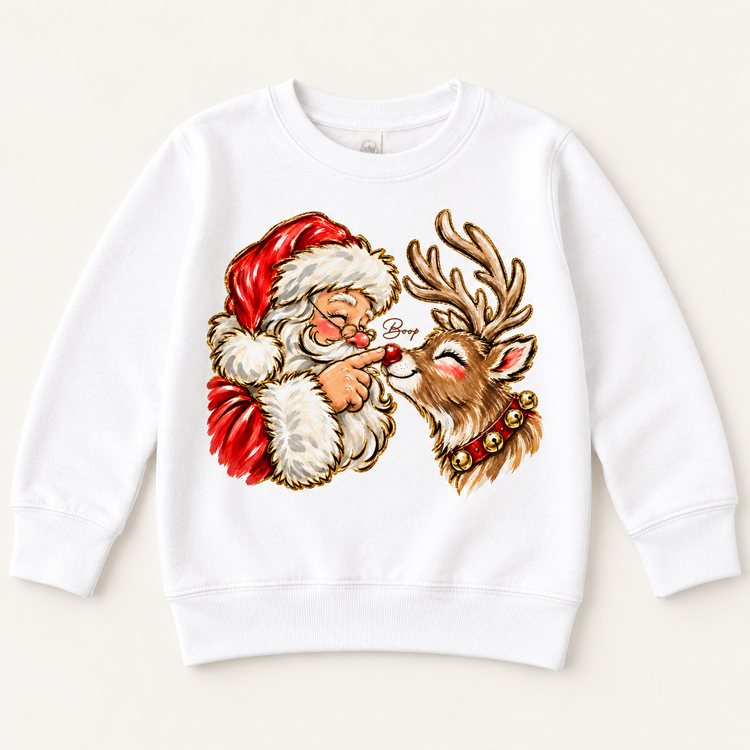 Santa and reindeer Boop Christmas design on white sweatshirt