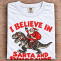 White Comfort Colors I Believe in Santa and Dinosaurs shirt folded on wood