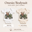 Santa tractor Christmas baby bodysuits in white and natural