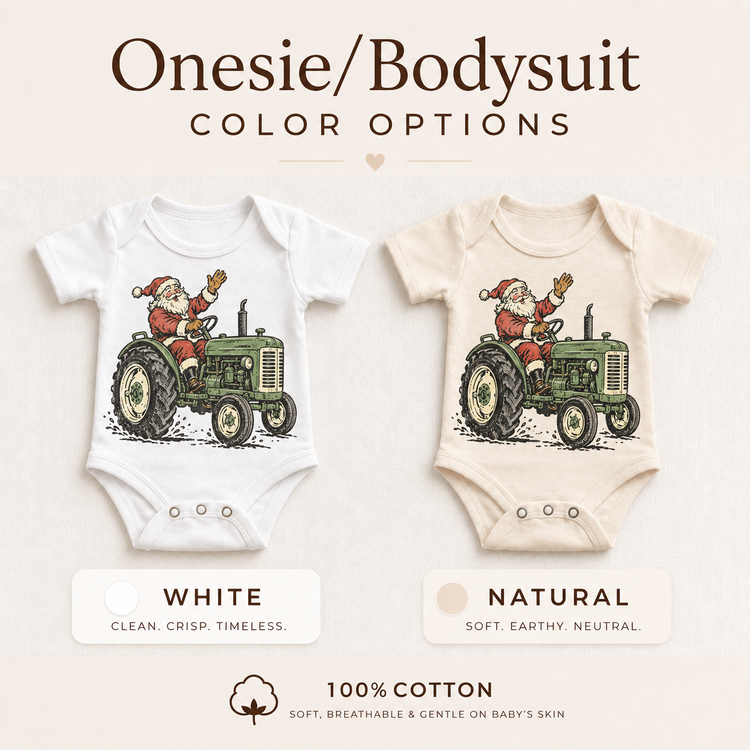 Santa tractor Christmas baby bodysuits in white and natural
