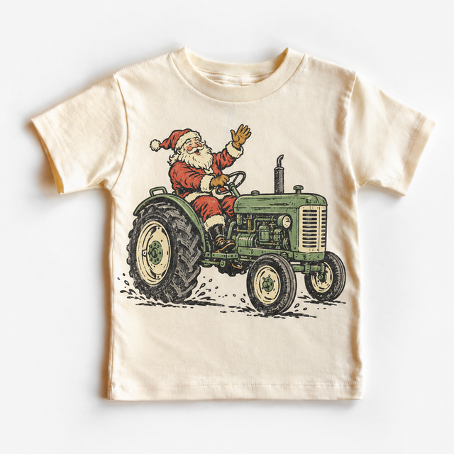 Vintage Santa riding a green tractor on a natural Christmas shirt
