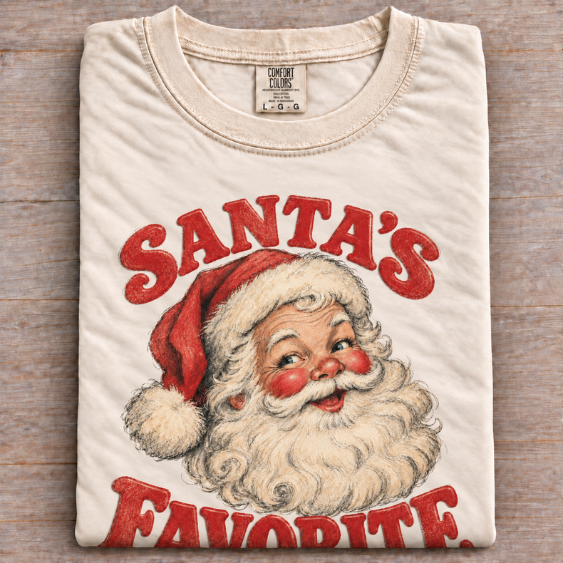 Santa's Favorite vintage Santa Christmas design on natural folded tee