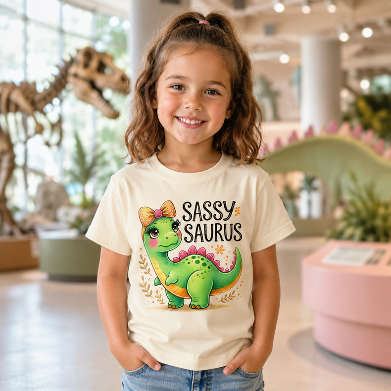 Girl wearing Sassy Saurus Rex dinosaur shirt in a dinosaur museum