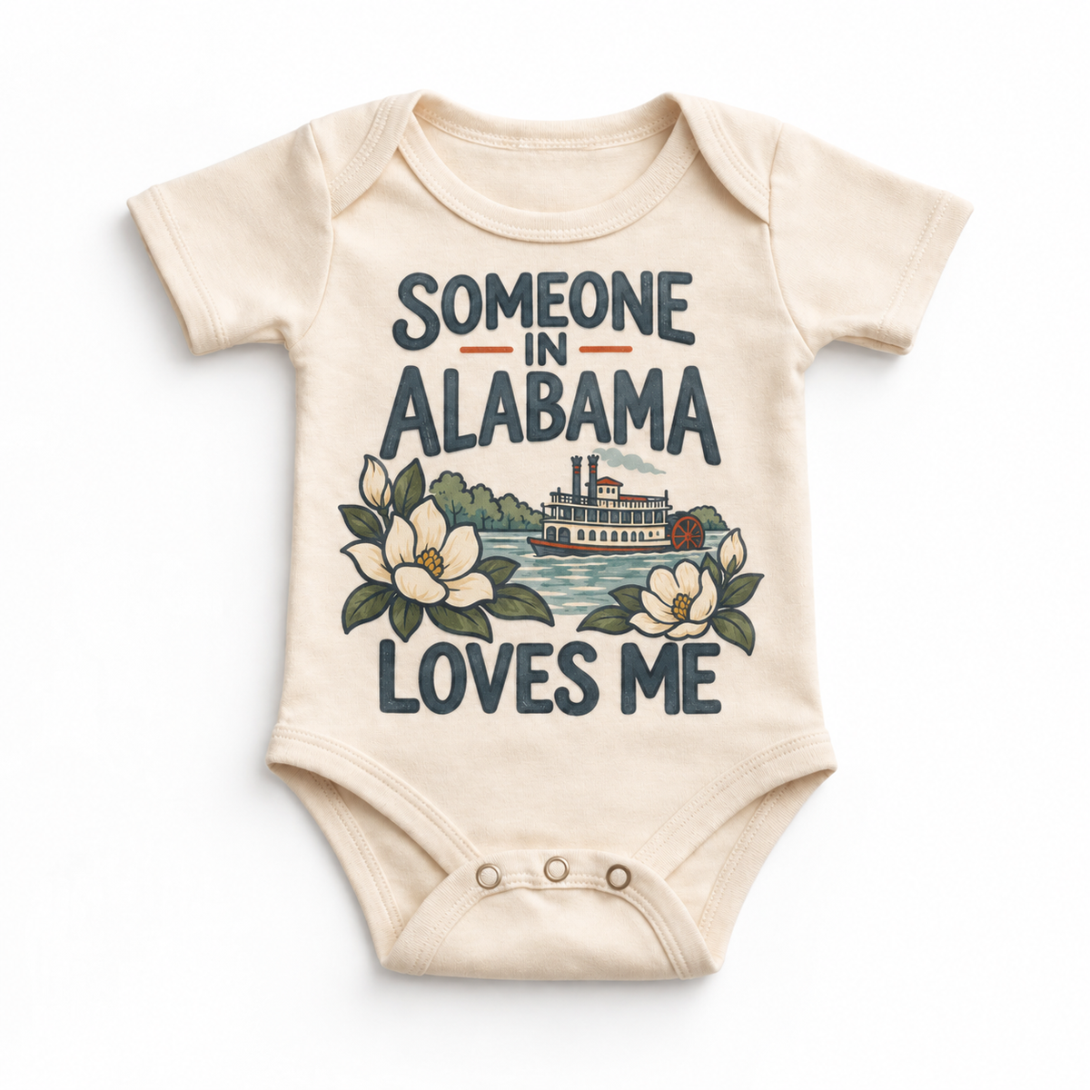 Someone in Alabama Loves Me design on a natural baby bodysuit